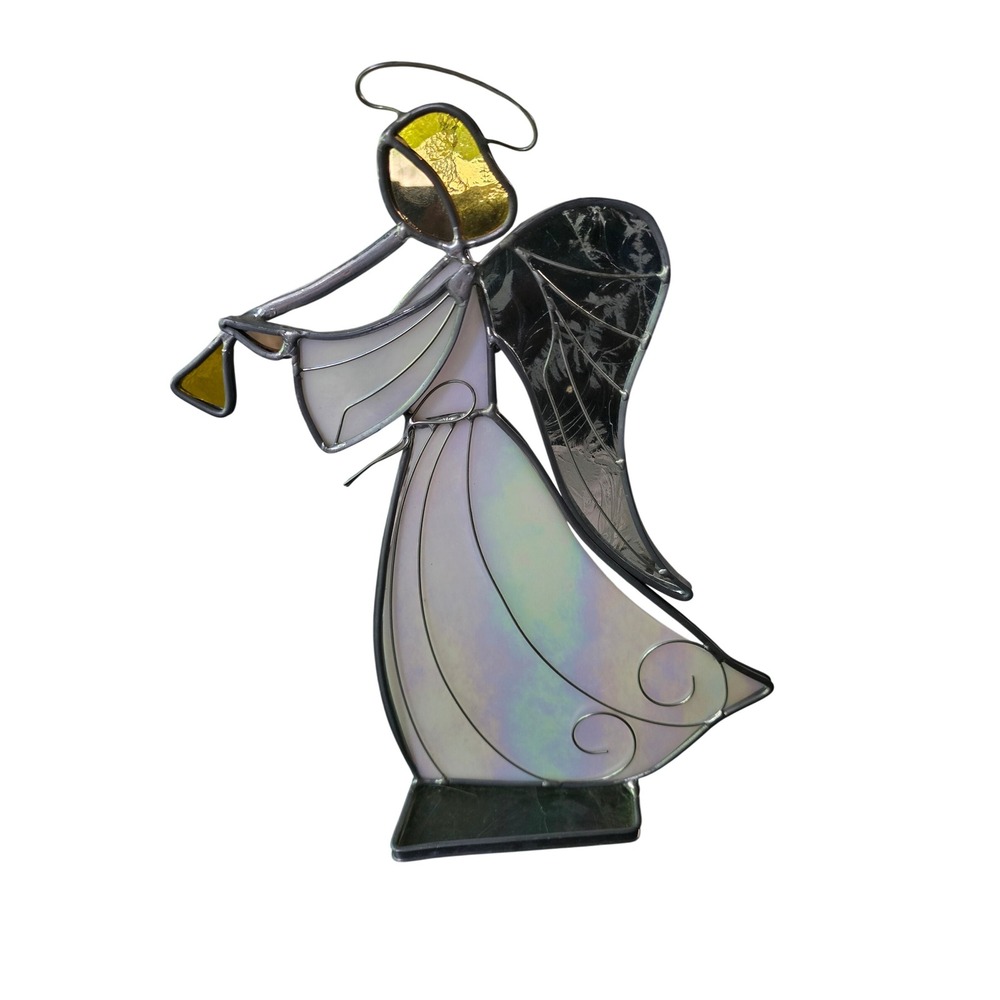 Vintage Stained Glass Angel Figurine Iridescent White Frosted Wings Trumpet 8in